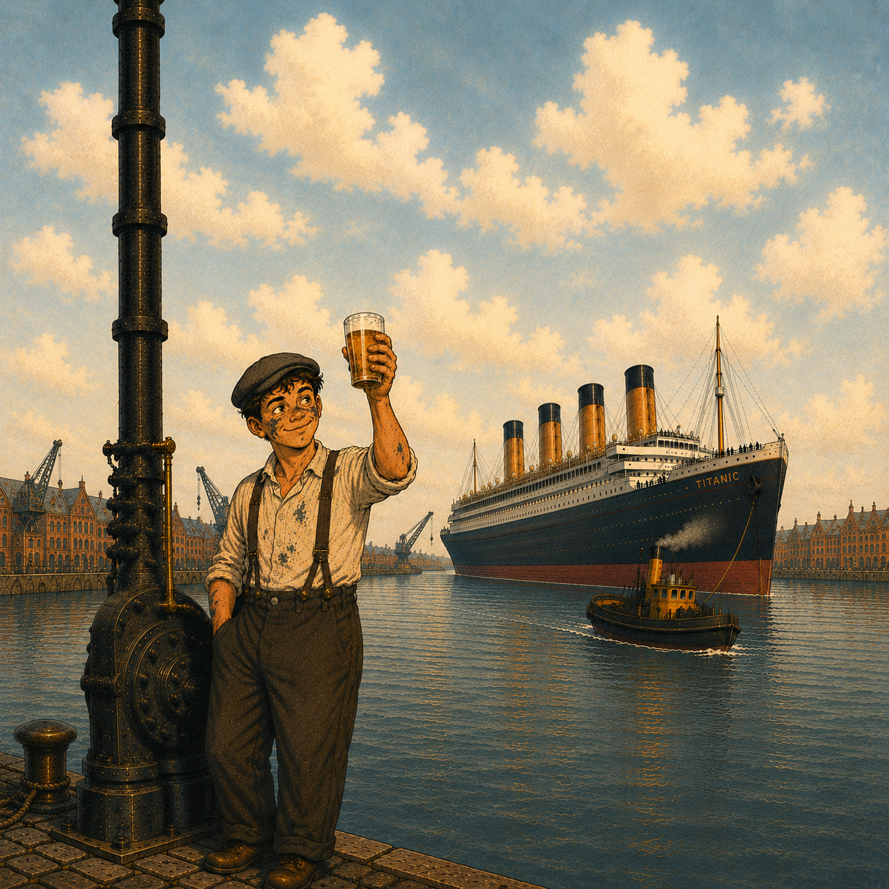 A Southampton dockworker raises a pint before the RMS Titanic, illustrated in vintage travel-poster style