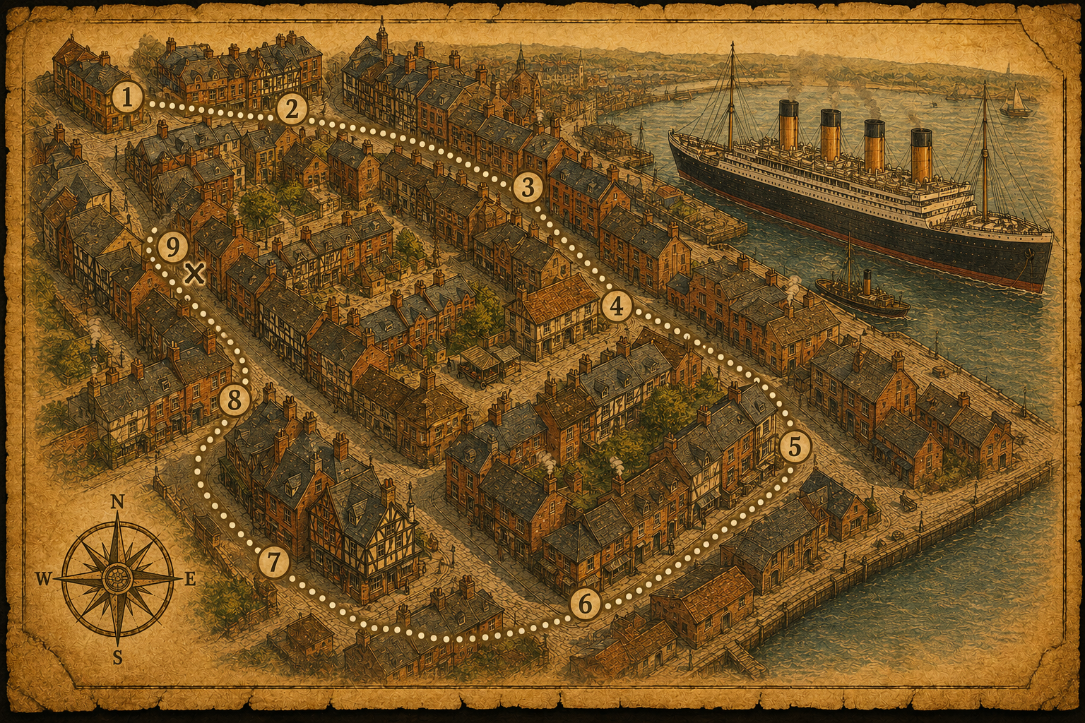 A weathered treasure map of Southampton's old town showing a dotted trail between nine numbered stops